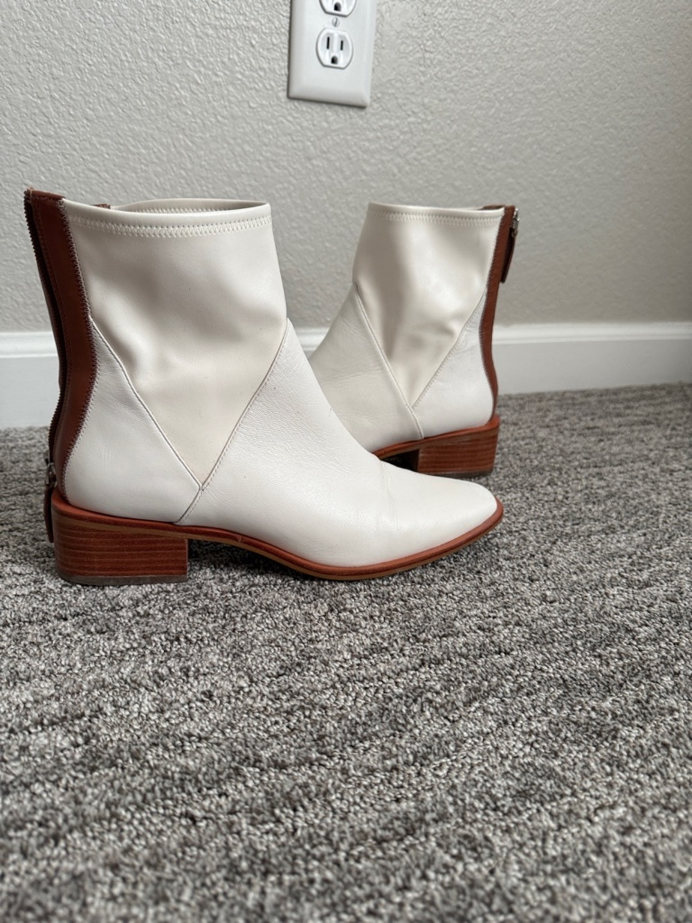 Paolo Cream Ankle Boots with Brown Heel and Back Accent